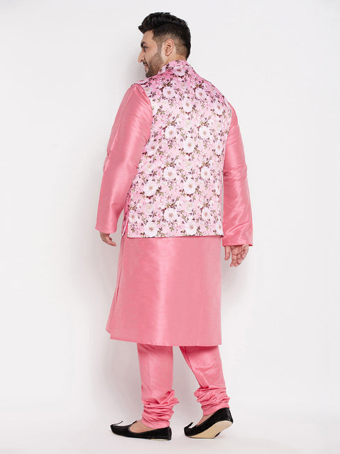 Vastramay Men's Plus Size Pink Floral printed Jacket With Pink Solid Kurta Pyjama Set