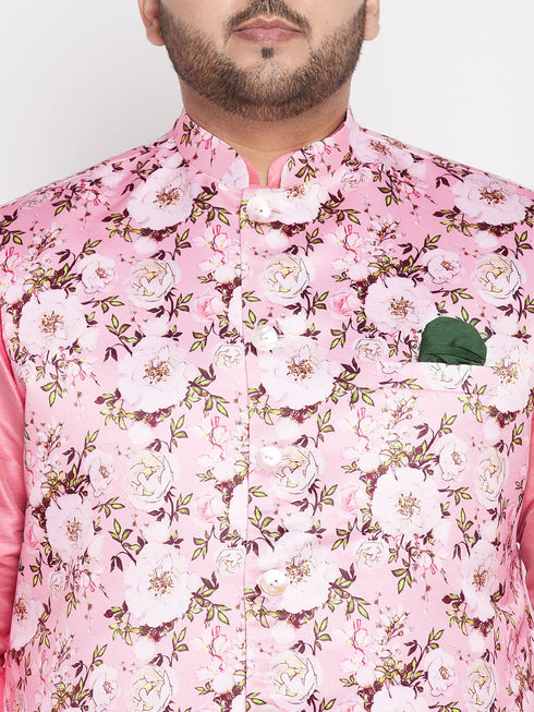 Vastramay Men's Plus Size Pink Floral printed Jacket With Pink Solid Kurta Pyjama Set