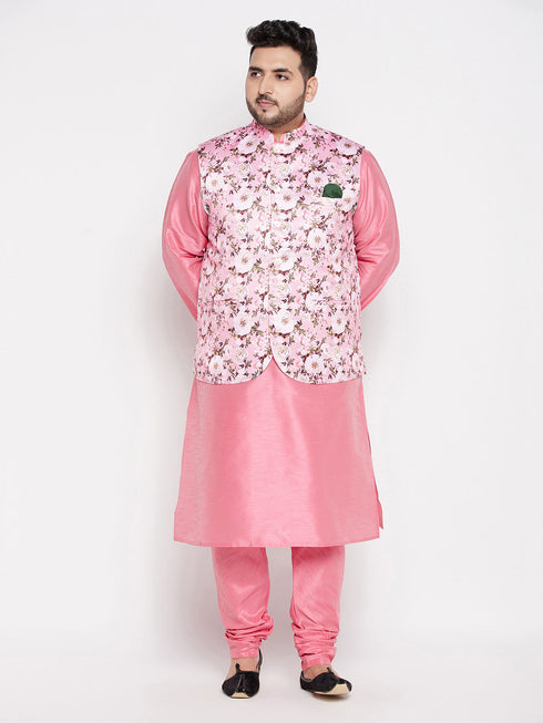 Vastramay Men's Plus Size Pink Floral printed Jacket With Pink Solid Kurta Pyjama Set