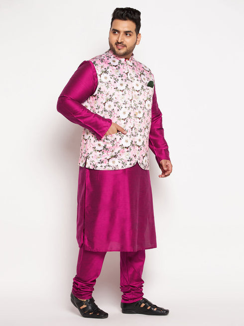Vastramay Men's Plus Size Pink Floral printed Jacket With Fuchsia Solid Kurta Pyjama Set