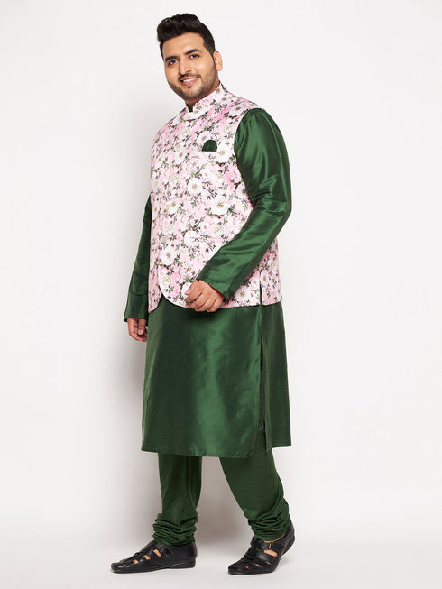 Vastramay Men's Plus Size Pink Floral printed Jacket With Viscose Green Solid Kurta Pyjama Set