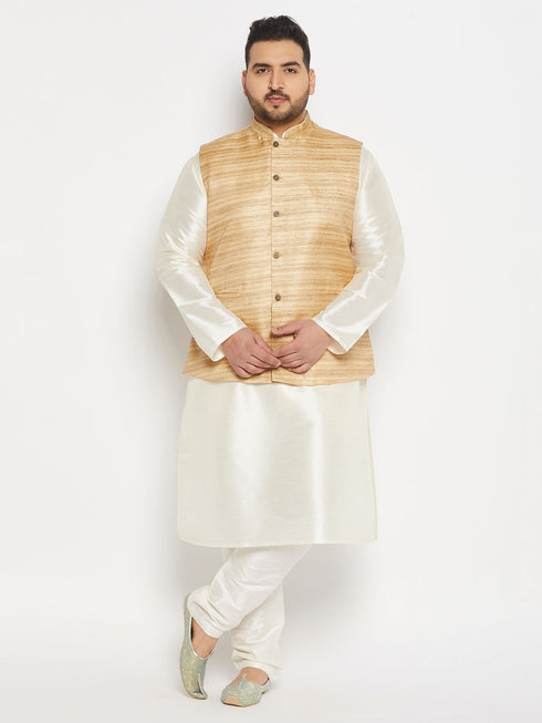 Vastramay Men's Plus Size Beige Matka Silk Nehru Jacket With Cream Silk Blend Kurta andPant style Pyjama Set
