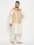 Vastramay Men's Plus Size Beige Matka Silk Nehru Jacket With Cream Silk Blend Kurta andPant style Pyjama Set