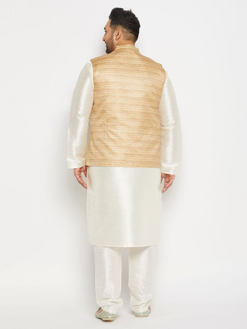 Vastramay Men's Plus Size Beige Matka Silk Nehru Jacket With Cream Silk Blend Kurta andPant style Pyjama Set