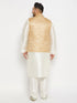 Vastramay Men's Plus Size Beige Matka Silk Nehru Jacket With Cream Silk Blend Kurta andPant style Pyjama Set