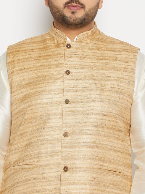 Vastramay Men's Plus Size Beige Matka Silk Nehru Jacket With Cream Silk Blend Kurta andPant style Pyjama Set