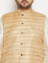 Vastramay Men's Plus Size Beige Matka Silk Nehru Jacket With Cream Silk Blend Kurta andPant style Pyjama Set