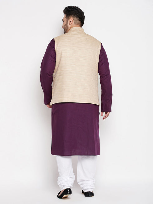 Vastramay Men's Plus Size Beige Solid Jacket With Purple Solid Kurta And White Pyjama Set