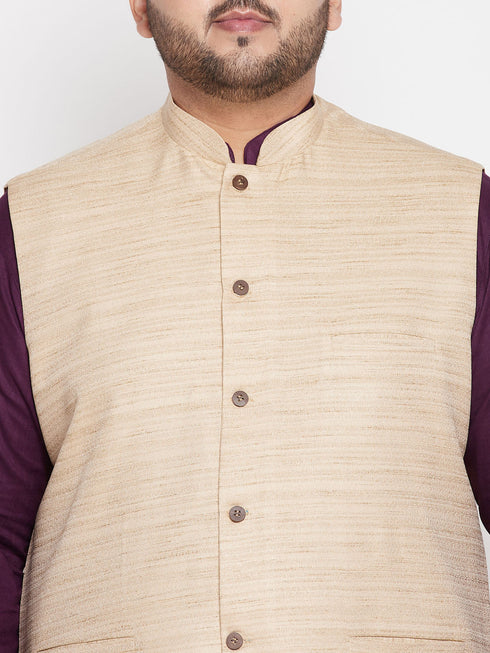 Vastramay Men's Plus Size Beige Solid Jacket With Purple Solid Kurta And White Pyjama Set