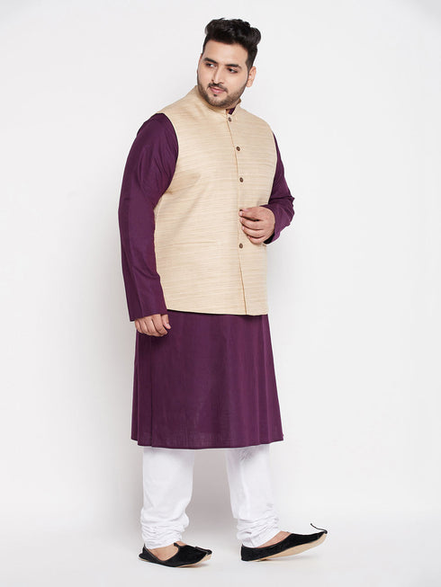 Vastramay Men's Plus Size Beige Solid Jacket With Purple Solid Kurta And White Pyjama Set