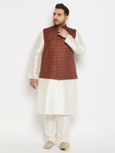 Vastramay Men's Plus Size Coffee Matka Silk Nehru Jacket With Cream Silk Blend Kurta and Pant style Pyjama Set