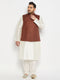 Vastramay Men's Plus Size Coffee Matka Silk Nehru Jacket With Cream Silk Blend Kurta and Pant style Pyjama Set