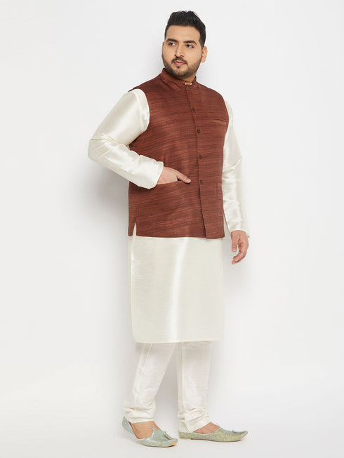 Vastramay Men's Plus Size Coffee Matka Silk Nehru Jacket With Cream Silk Blend Kurta and Pant style Pyjama Set