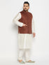 Vastramay Men's Plus Size Coffee Matka Silk Nehru Jacket With Cream Silk Blend Kurta and Pant style Pyjama Set