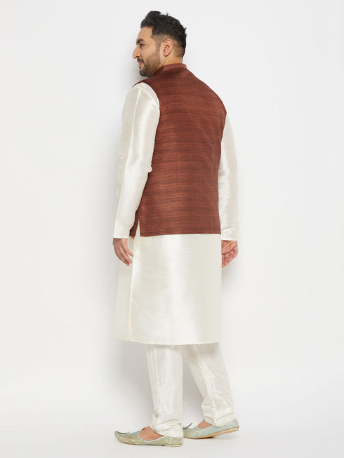 Vastramay Men's Plus Size Coffee Matka Silk Nehru Jacket With Cream Silk Blend Kurta and Pant style Pyjama Set