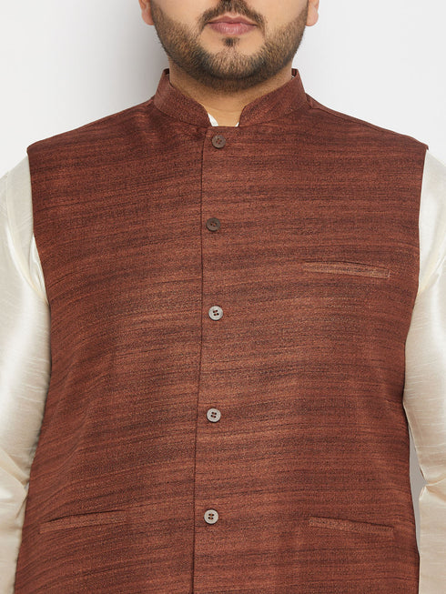 Vastramay Men's Plus Size Coffee Matka Silk Nehru Jacket With Cream Silk Blend Kurta and Pant style Pyjama Set