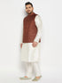 Vastramay Men's Plus Size Coffee Matka Silk Nehru Jacket With Cream Silk Blend Kurta and Pant style Pyjama Set