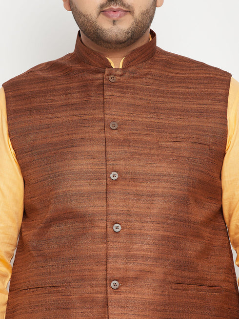 Vastramay Men's Plus Size Fawn and Coffee Brown Cotton Blend Jacket Kurta Pyjama Set