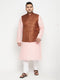 Vastramay Men's Plus Size Pink and Coffee Brown Cotton Blend Jacket Kurta Pyjama Set