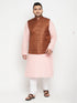 Vastramay Men's Plus Size Pink and Coffee Brown Cotton Blend Jacket Kurta Pyjama Set