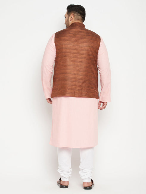 Vastramay Men's Plus Size Pink and Coffee Brown Cotton Blend Jacket Kurta Pyjama Set