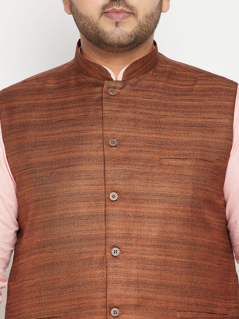 Vastramay Men's Plus Size Pink and Coffee Brown Cotton Blend Jacket Kurta Pyjama Set