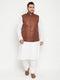 Vastramay Men's Plus Size White and Coffee Brown Cotton Blend Jacket Kurta Pyjama Set