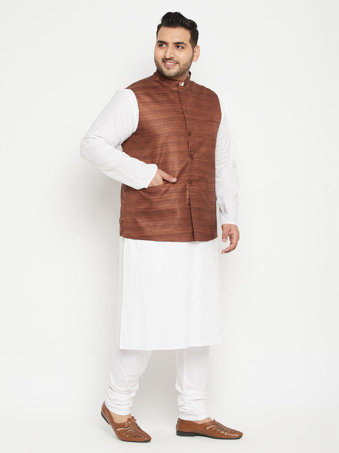 Vastramay Men's Plus Size White and Coffee Brown Cotton Blend Jacket Kurta Pyjama Set
