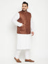 Vastramay Men's Plus Size White and Coffee Brown Cotton Blend Jacket Kurta Pyjama Set