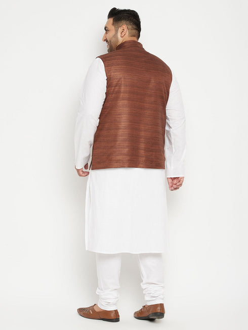 Vastramay Men's Plus Size White and Coffee Brown Cotton Blend Jacket Kurta Pyjama Set