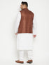 Vastramay Men's Plus Size White and Coffee Brown Cotton Blend Jacket Kurta Pyjama Set