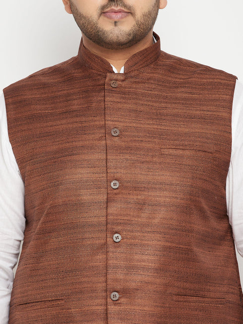 Vastramay Men's Plus Size White and Coffee Brown Cotton Blend Jacket Kurta Pyjama Set