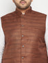 Vastramay Men's Plus Size White and Coffee Brown Cotton Blend Jacket Kurta Pyjama Set