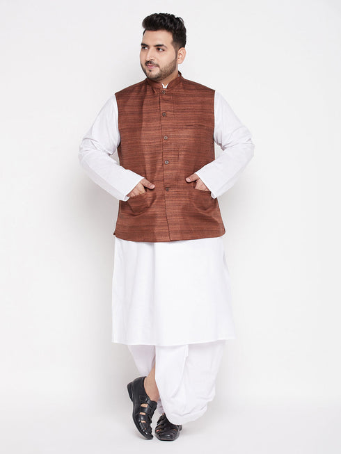 Vastramay Men's Plus Size Coffee Cotton Blend Jacket With White Kurta And Dhoti Set