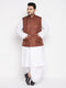 Vastramay Men's Plus Size Coffee Cotton Blend Jacket With White Kurta And Dhoti Set