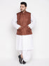 Vastramay Men's Plus Size Coffee Cotton Blend Jacket With White Kurta And Dhoti Set