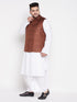 Vastramay Men's Plus Size Coffee Cotton Blend Jacket With White Kurta And Dhoti Set