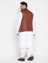 Vastramay Men's Plus Size Coffee Cotton Blend Jacket With White Kurta And Dhoti Set