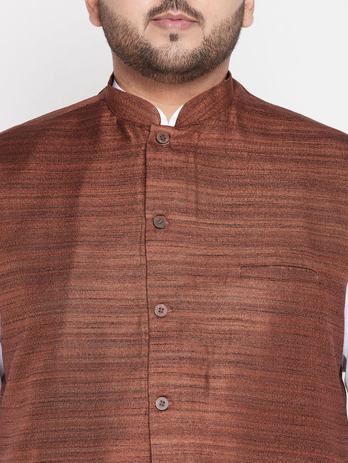 Vastramay Men's Plus Size Coffee Cotton Blend Jacket With White Kurta And Dhoti Set