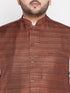 Vastramay Men's Plus Size Coffee Cotton Blend Jacket With White Kurta And Dhoti Set