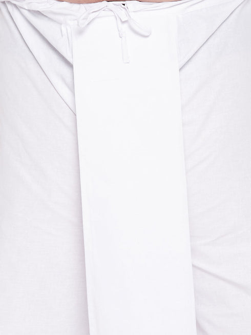Vastramay Men's Plus Size Coffee Cotton Blend Jacket With White Kurta And Dhoti Set