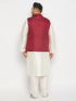 Vastramay Men's Plus Size Maroon Matka Silk Nehru Jacket With Cream Silk Blend Kurta and Pant style Pyjama Set
