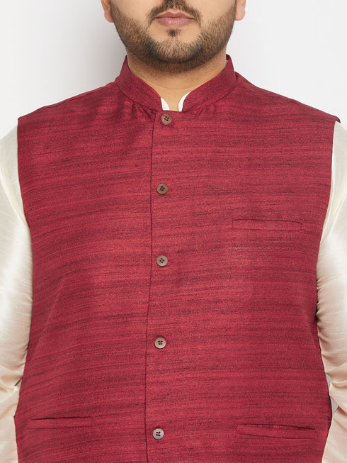 Vastramay Men's Plus Size Maroon Matka Silk Nehru Jacket With Cream Silk Blend Kurta and Pant style Pyjama Set