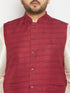 Vastramay Men's Plus Size Maroon Matka Silk Nehru Jacket With Cream Silk Blend Kurta and Pant style Pyjama Set