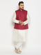 Vastramay Men's Plus Size Maroon Matka Silk Nehru Jacket With Cream Silk Blend Kurta and Pant style Pyjama Set