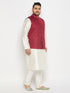 Vastramay Men's Plus Size Maroon Matka Silk Nehru Jacket With Cream Silk Blend Kurta and Pant style Pyjama Set