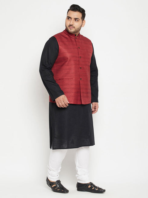 Vastramay Men's Plus Size Black Maroon Cotton Blend Jacket Kurta Pyjama Set