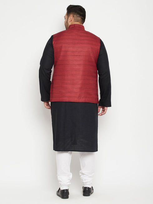 Vastramay Men's Plus Size Black Maroon Cotton Blend Jacket Kurta Pyjama Set