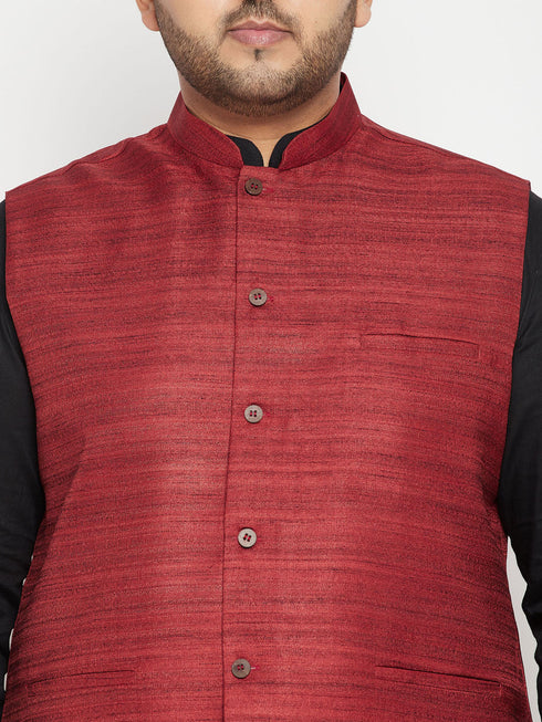 Vastramay Men's Plus Size Black Maroon Cotton Blend Jacket Kurta Pyjama Set