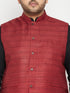 Vastramay Men's Plus Size Black Maroon Cotton Blend Jacket Kurta Pyjama Set